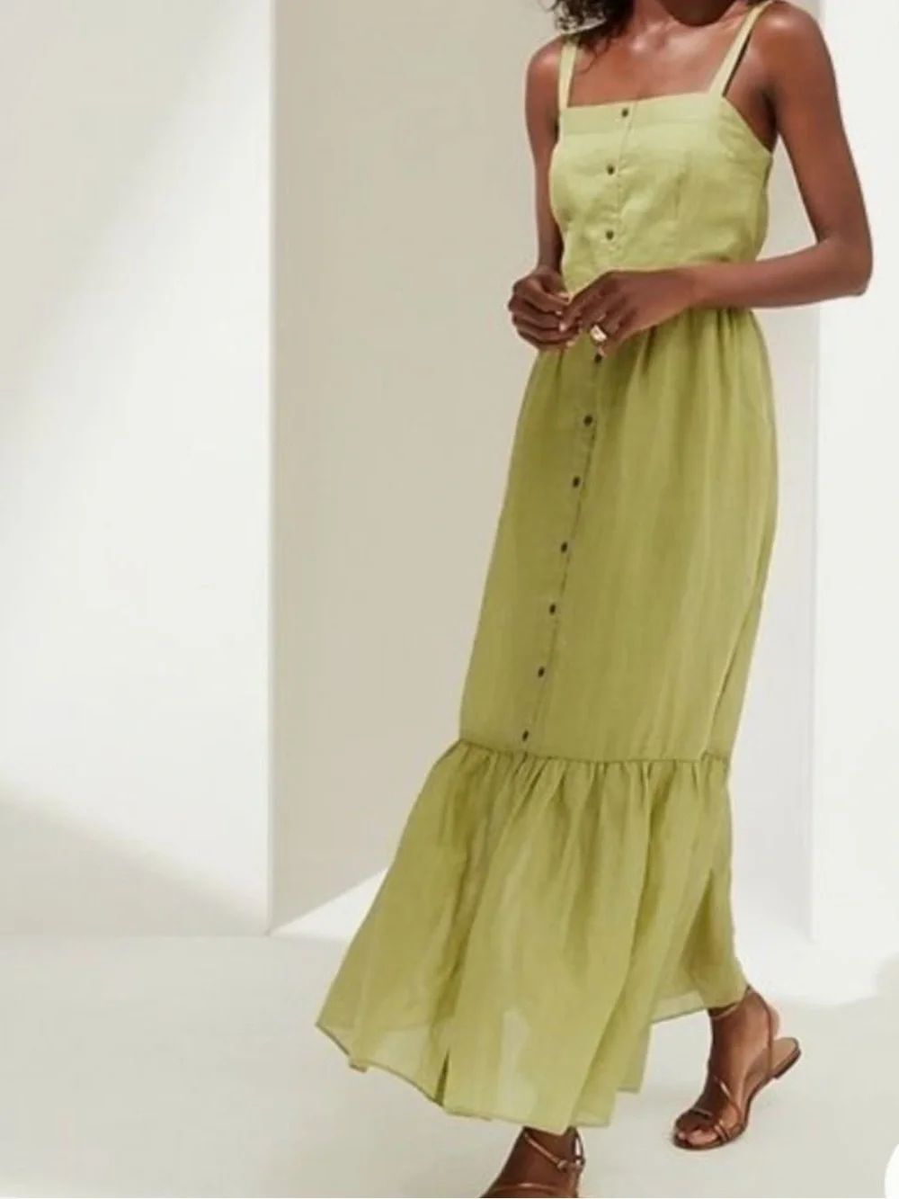 Banana Republic Olive Green 100% Ramie Smocked Maxi Dress Sz 16 Tall NWT